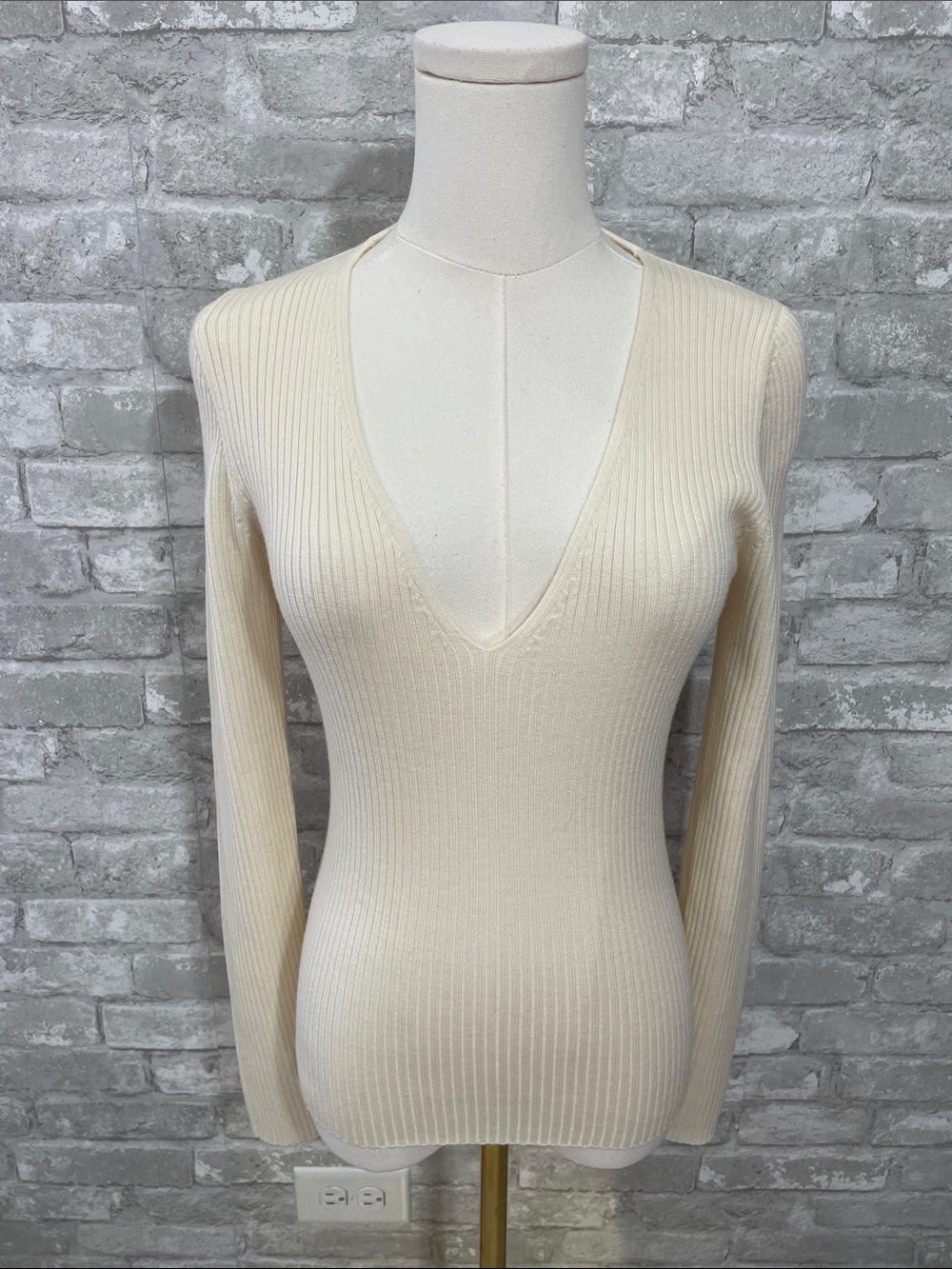 Reformation Cream Nativa Wool Ribbed V-Neck Sweater